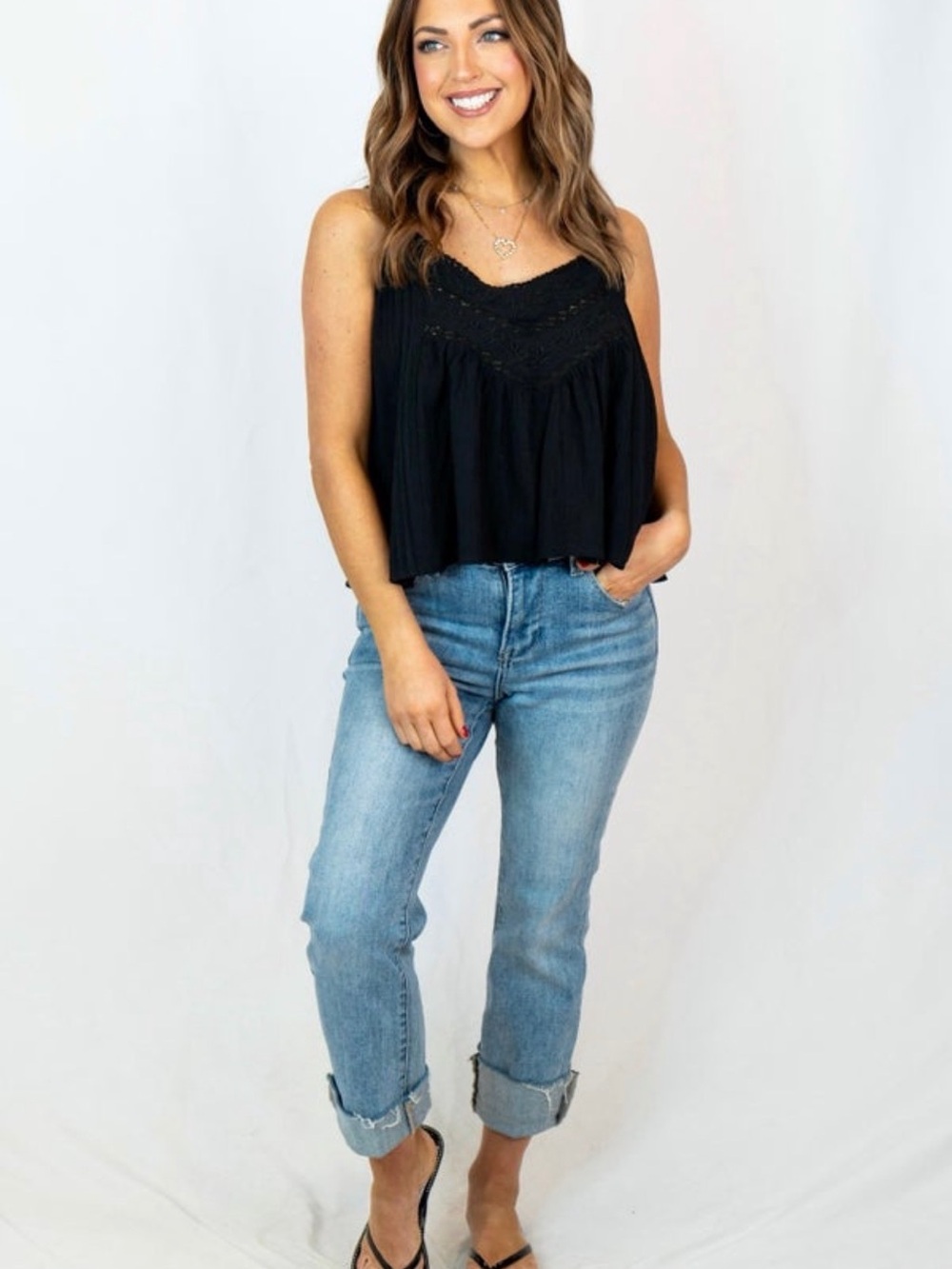 Black Crochet-Trim Cropped Tank Top - Women's